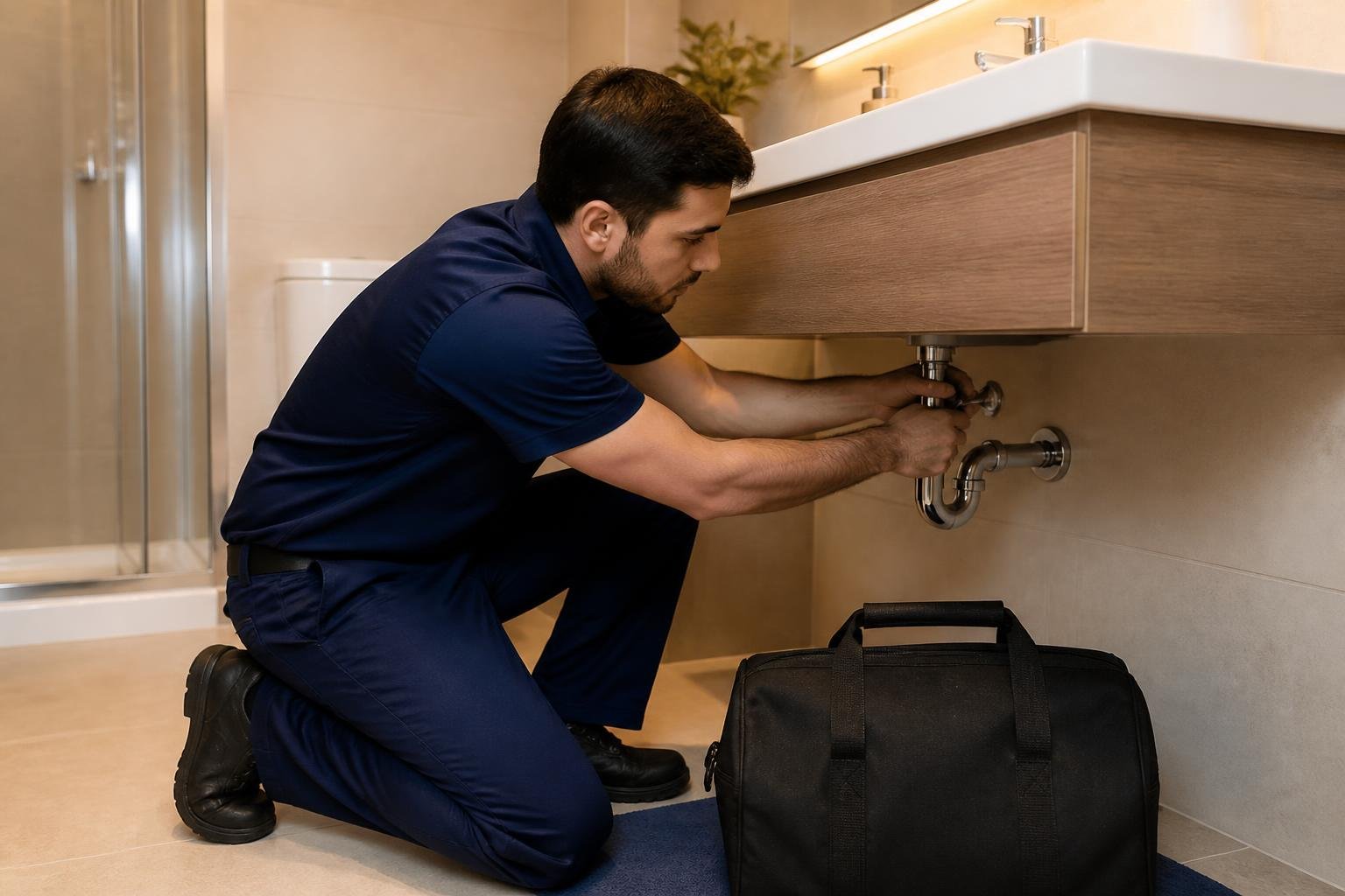 Encanador profissional da Edtec Resolve realizando serviço hidráulico